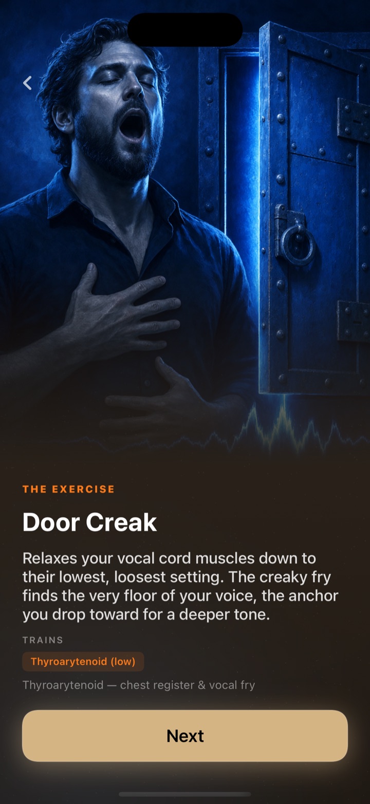 A Voicemaxx exercise brief: Door Creak, training the thyroarytenoid — chest register and vocal fry
